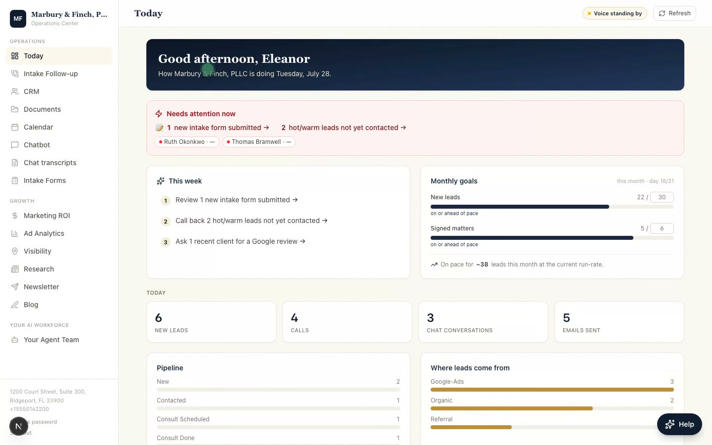 Sample task list: review an intake, call back uncontacted leads, and ask a recent client for a review
